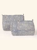 Portable toilet bags in Blue Leaves color by Khasto, a product of craftsmanship and sustainability. The portable toilet bags are hand block printed and quilted Various designs for womens and mens toiletry.