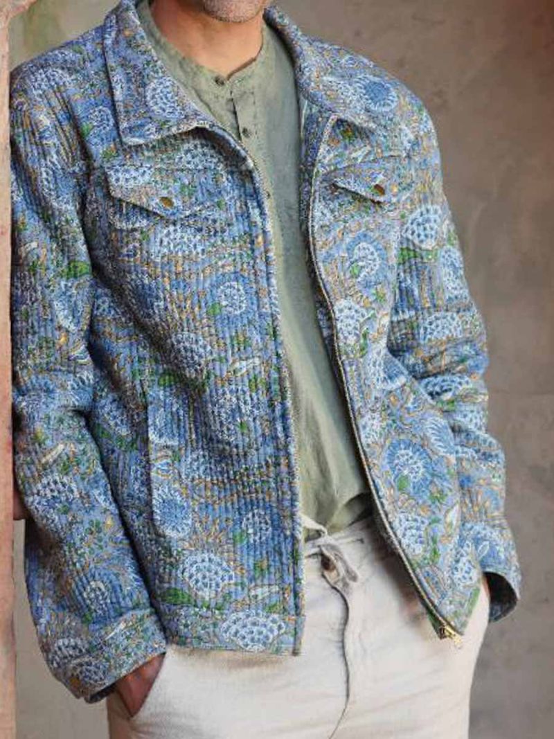 Quilted clothing by Khasto a product of craftsmanship and sustainability. The cotton quilted jacket is hand block printed and quilted.
