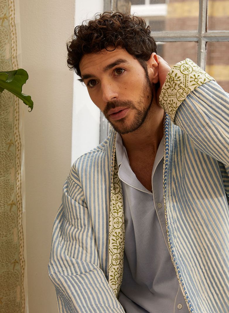 Quilted Maxi Coat - Blue Pinstripe