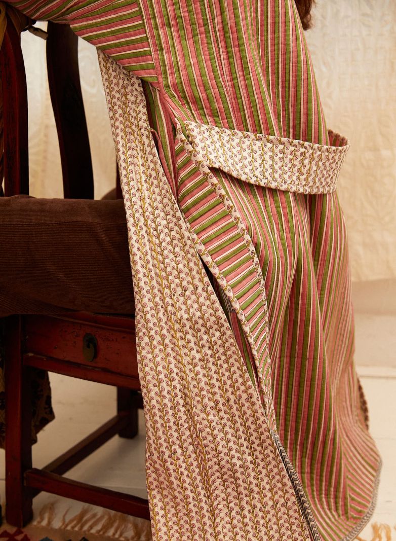 Quilted Maxi Coat - Rose Green Stripe